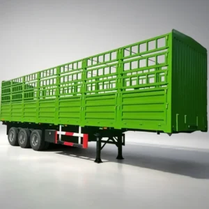 SINOTRUK bright green tri-axle fence cargo semi trailer with detachable high fence side panels, stable landing legs and triple heavy-duty axles, light grey gradient studio background, high load stake semi-trailer for grain, livestock, construction goods and general cargo transport exported to Africa, Southeast Asia and Latin America
