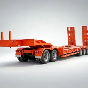SINOTRUK 4 axle orange low bed semi trailer trucks with heavy spring climbing ramps, ultra-low flat deck for large excavator, loader and construction machinery transport, exported to Africa, Southeast Asia and Latin America