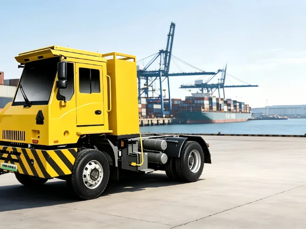 Chinese Heavy Trucks HOWO yellow pure electric single side dock tractor trucks working at seaport container yard, zero-emission 4x2 terminal shunter for container short haul shuttle logistics, exported to Southeast Asia, Latin America and Africa