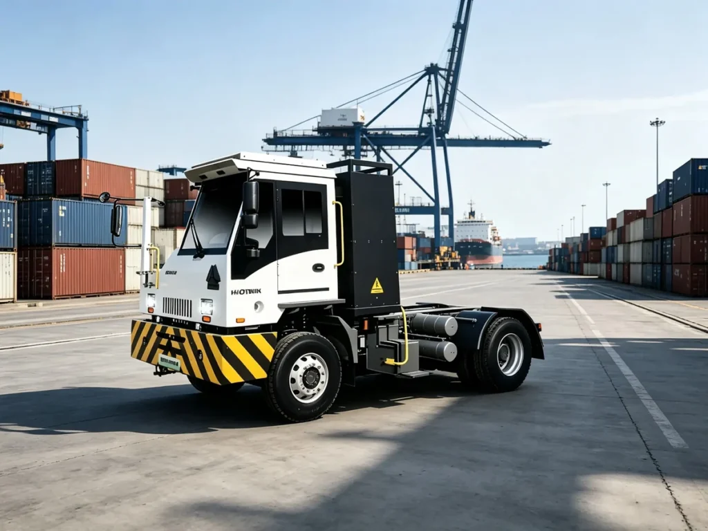 Chinese Heavy Trucks white electric port terminal tractor, container yard shunting trucks working at seaport dock, port container handling vehicle exported to Southeast Asia, Africa, Middle East and Latin America