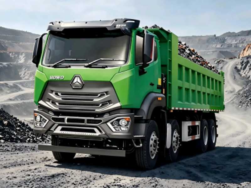 Chinese Heavy Trucks HOWO NX 8X4 green dump tipper trucks loaded with ore at open pit mining site, heavy duty bulk mining transport vehicle for iron ore, granite and quarry haulage