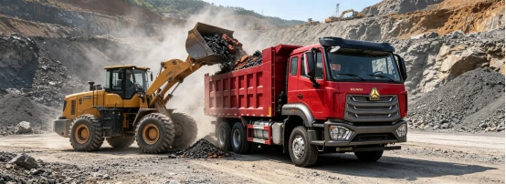 Red HOWO NX dump vehicle being loaded at a quarry