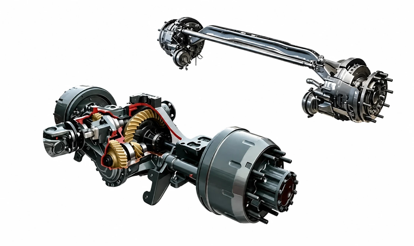 HOWO TX steering and drive axle assemblies on a clean white background