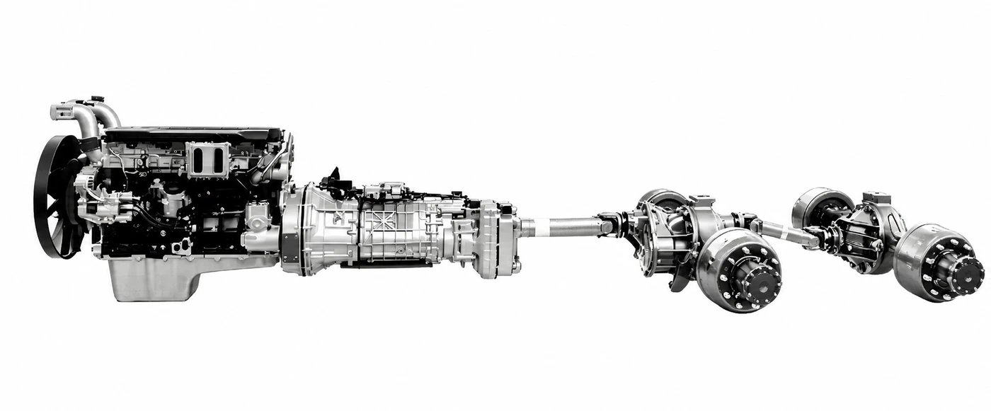 HOWO TX integrated engine transmission and axle system on a clean white background
