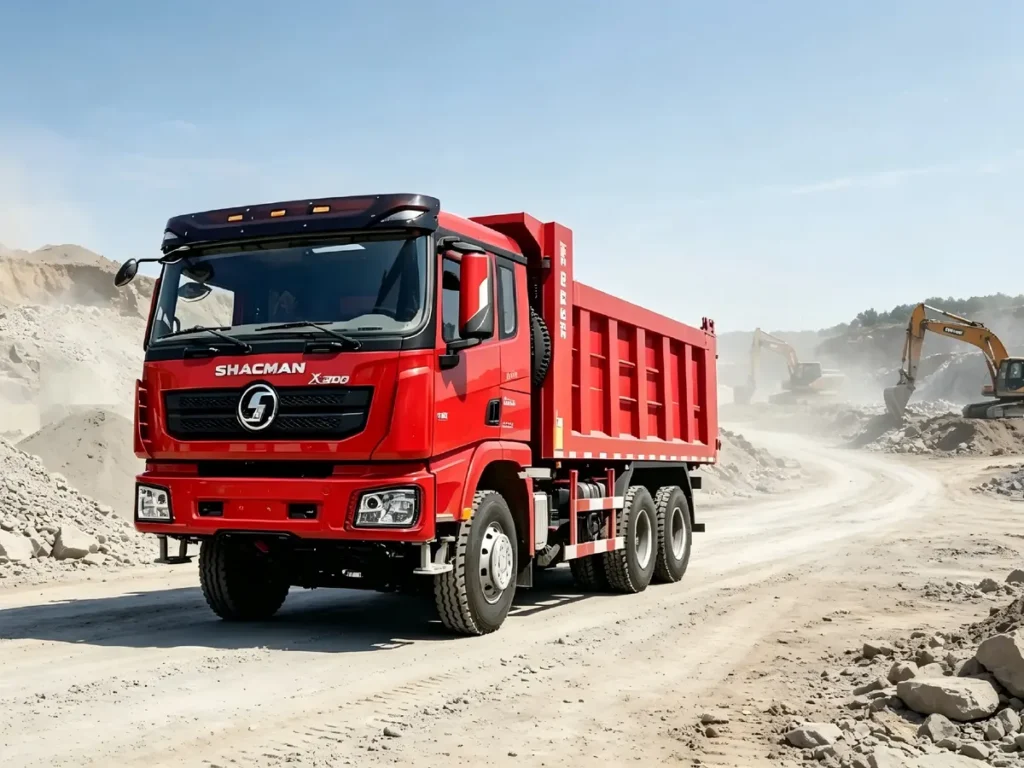SHACMAN X3000 red 6x4 heavy duty mining dump tipper trucks running in stone quarry construction site, high load capacity ore gravel transport vehicle, low fuel consumption less maintenance cost, ideal tipper trucks exported to Africa, Southeast Asia, Latin America