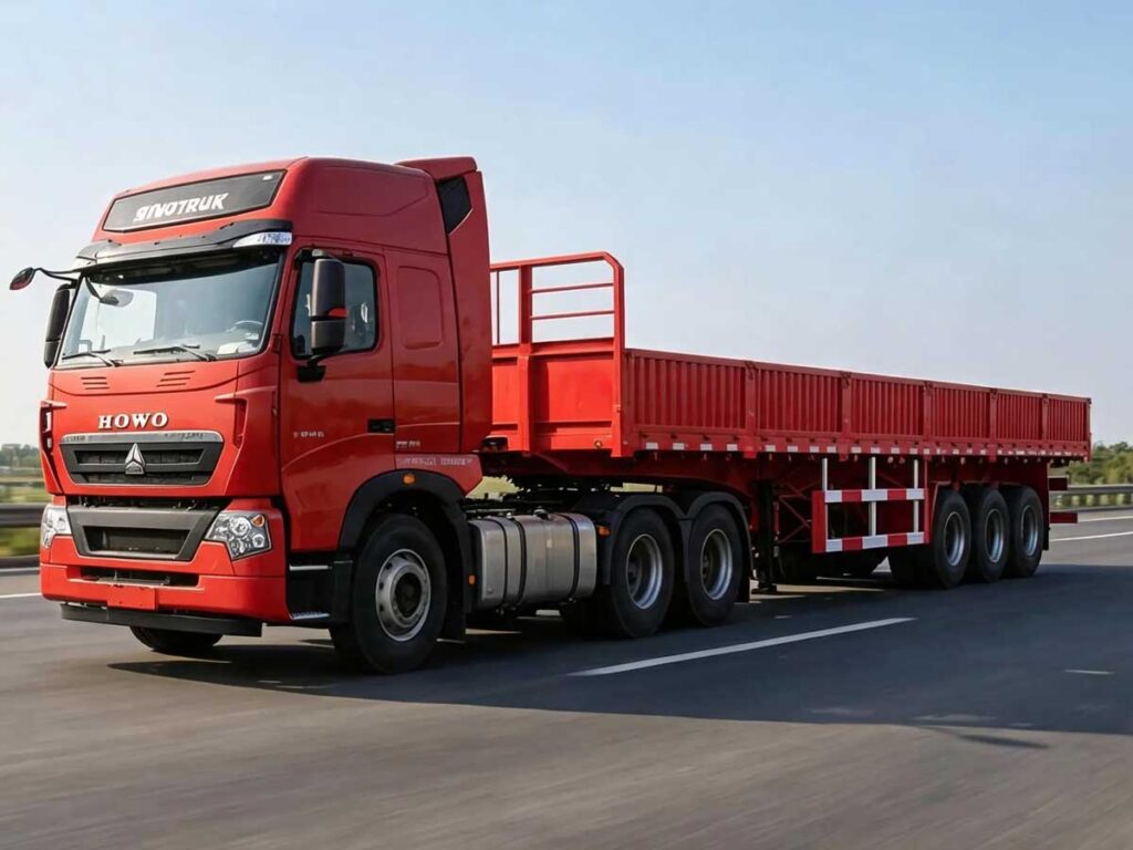 SINOTRUK red complete low bed semi trailer truck with 4 axles hydraulic spring ramps running on highway, heavy lowboy transport truck for excavator and construction machinery, exported to Africa, Southeast Asia and Latin America