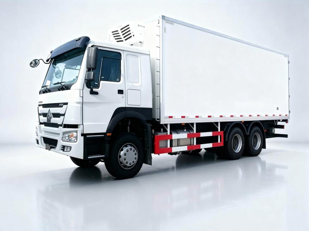 Sinotruk Howo 6×4 white refrigerated truck studio shot, heavy duty insulated freezer box truck for seafood, fruit, frozen food cold chain transport Africa Southeast Asia Latin America