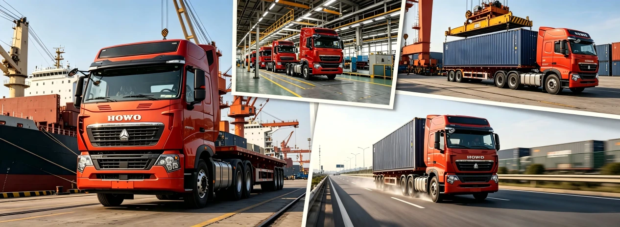 SINOTRUK HOWO trucks in production, port loading and highway delivery scenes