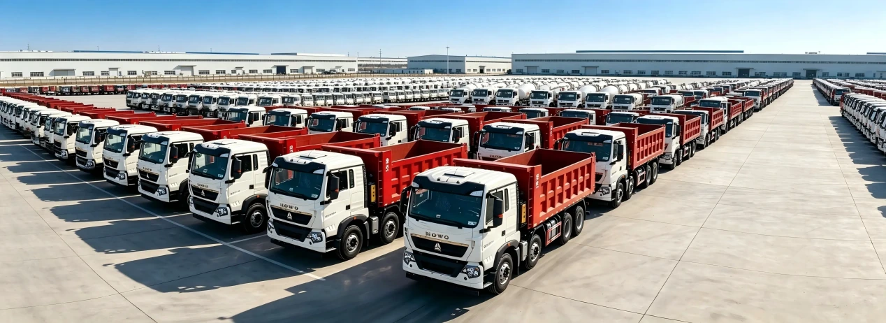 SINOTRUK HOWO trucks arranged in an export fleet yard