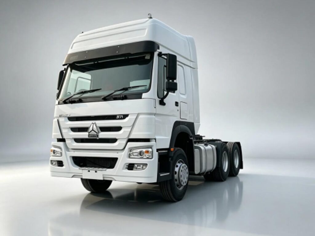 White Sinotruk HOWO-7 4X2 tractor trucks, lightweight single axle logistics trucks studio shot with light gray gradient background.For Africa, Southeast Asia and Latin America markets.