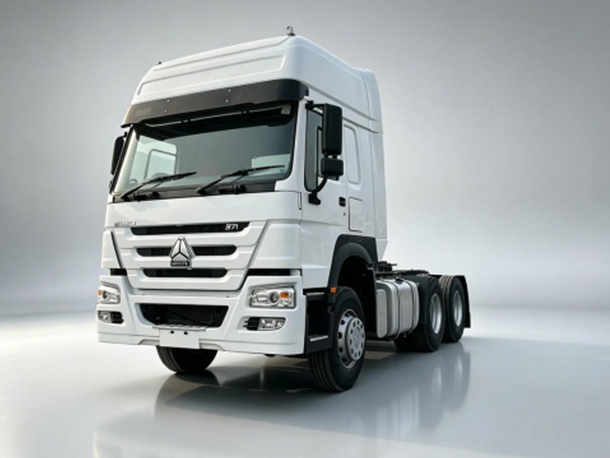 White Sinotruk HOWO-7 4X2 tractor trucks, lightweight single axle logistics trucks studio shot with light gray gradient background.For Africa, Southeast Asia and Latin America markets.