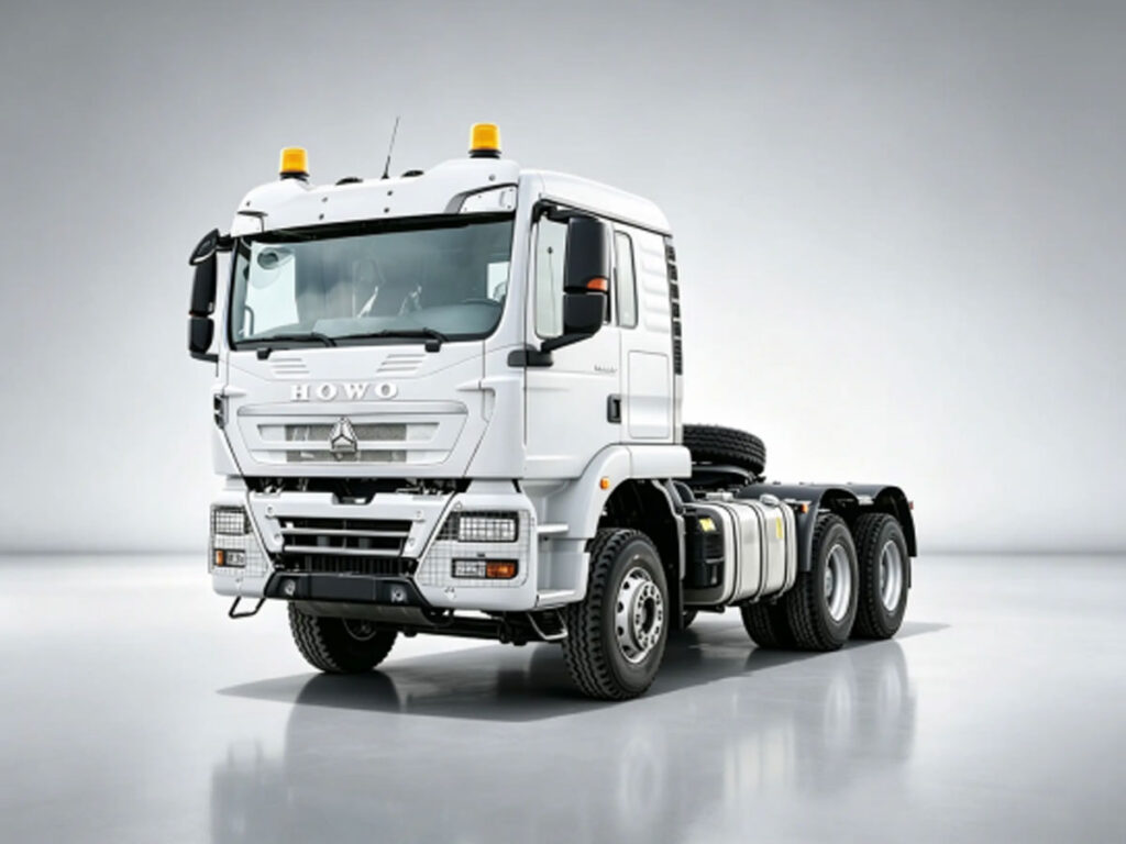 Sinotruk Howo tx 6x4 tractor trucks light gray gradient studio shot, China National Heavy Duty Trucks Group heavy-duty prime mover for long-distance container and bulk cargo logistics transport.For Africa, Southeast Asia and Latin America markets.