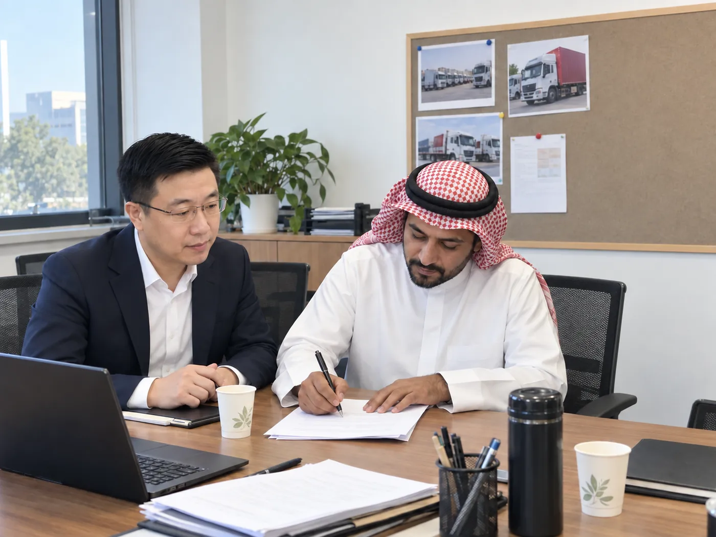 International customer reviewing contract documents with a Recheng representative