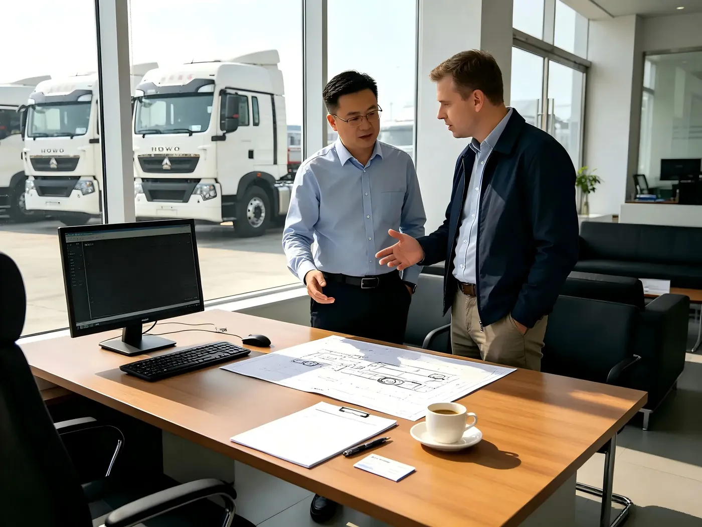 International customer discussing vehicle specifications with a Recheng representative