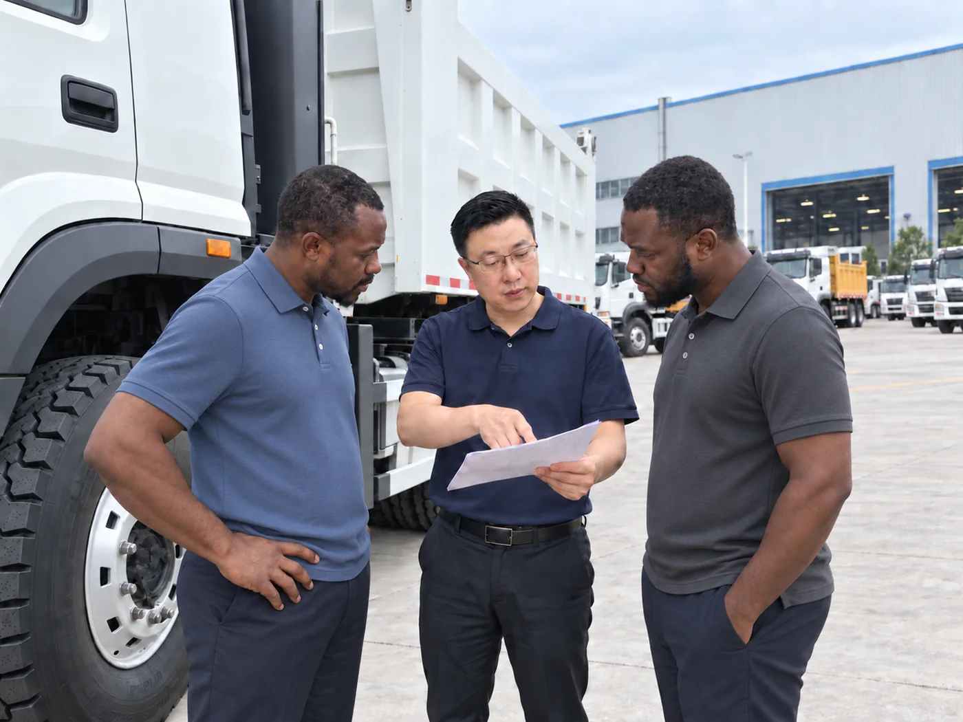 International customers reviewing project documents beside a new commercial vehicle
